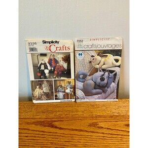 (2) Simplicity Crafts #9336 #7252 Stuffed 24" Bunny Cat Stuffed Animal VTG Uncut